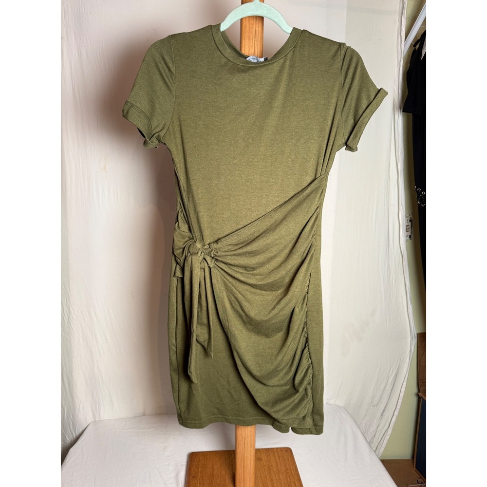 Lillusory Olive Green Side Tie Ruched Crew Neck Mini T-Shirt Dress Womens Small
